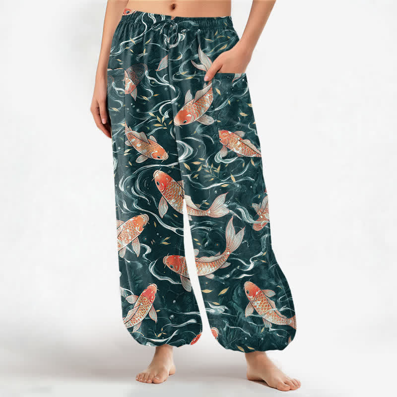 Buddha Stones Pantalones harem de algodón con estampado de olas Koi orientales para mujer, cintura elástica y bolsillos laterales. - cian oscuro - US16，UK/AU20，EU48 (3XL) - image 7