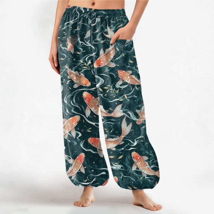 Buddha Stones Pantalones harem de algodón con estampado de olas Koi orientales para mujer, cintura elástica y bolsillos laterales. - cian oscuro - US16，UK/AU20，EU48 (3XL) - image 7