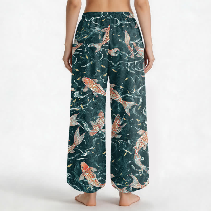 Buddha Stones Pantalones harem de algodón con estampado de olas Koi orientales para mujer, cintura elástica y bolsillos laterales. - image 9
