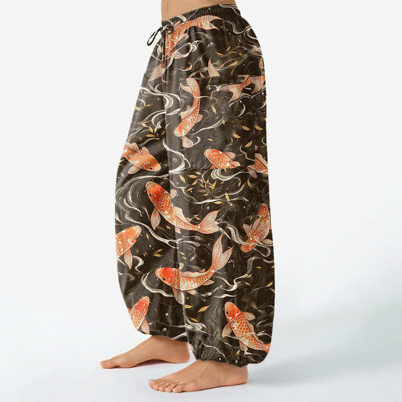 Buddha Stones Pantalones harem de algodón con estampado de olas Koi orientales para mujer, cintura elástica y bolsillos laterales. - image 11