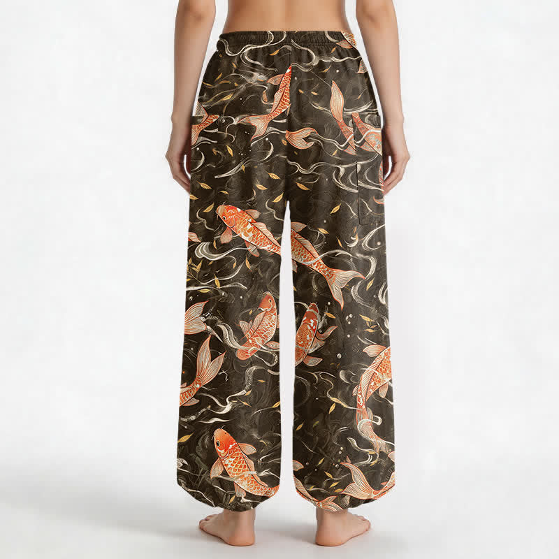 Buddha Stones Pantalones harem de algodón con estampado de olas Koi orientales para mujer, cintura elástica y bolsillos laterales. - image 12