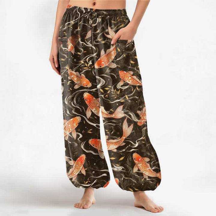 Buddha Stones Pantalones harem de algodón con estampado de olas Koi orientales para mujer, cintura elástica y bolsillos laterales. - Perú - US16，UK/AU20，EU48 (3XL) - image 10