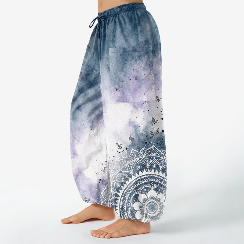Buddha Stones Pantalones harem de algodón con estampado de mandala y loto en degradado de acuarela para mujer, cintura elástica y bolsillos laterales. - image 1
