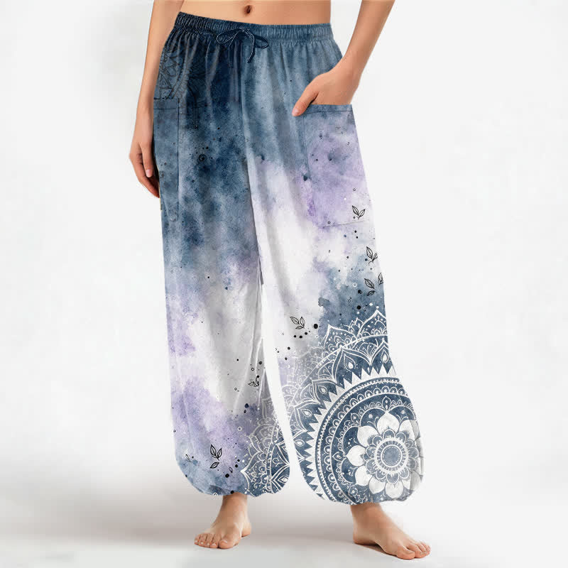 Buddha Stones Pantalones harem de algodón con estampado de mandala y loto en degradado de acuarela para mujer, cintura elástica y bolsillos laterales. - Azul acero - US16，UK/AU20，EU48 (3XL) - image 0