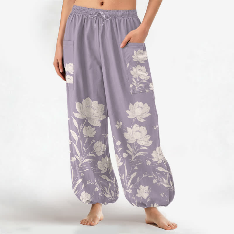 Buddha Stones Pantalones harem de algodón con estampado vintage de flores de loto para mujer, cintura elástica y bolsillos laterales. - Cardo - US16，UK/AU20，EU48 (3XL) - image 0