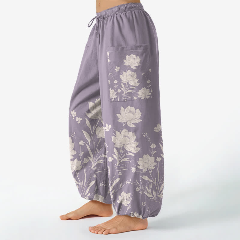 Buddha Stones Pantalones harem de algodón con estampado vintage de flores de loto para mujer, cintura elástica y bolsillos laterales. - image 1