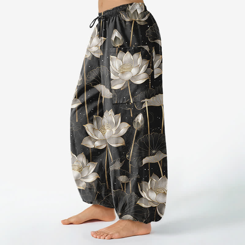 Buddha Stones Pantalones harem de algodón con estampado floral de loto oriental para mujer, cintura elástica y bolsillos laterales. - image 1