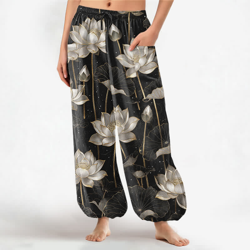 Buddha Stones Pantalones harem de algodón con estampado floral de loto oriental para mujer, cintura elástica y bolsillos laterales. - Negro - US16，UK/AU20，EU48 (3XL) - image 0