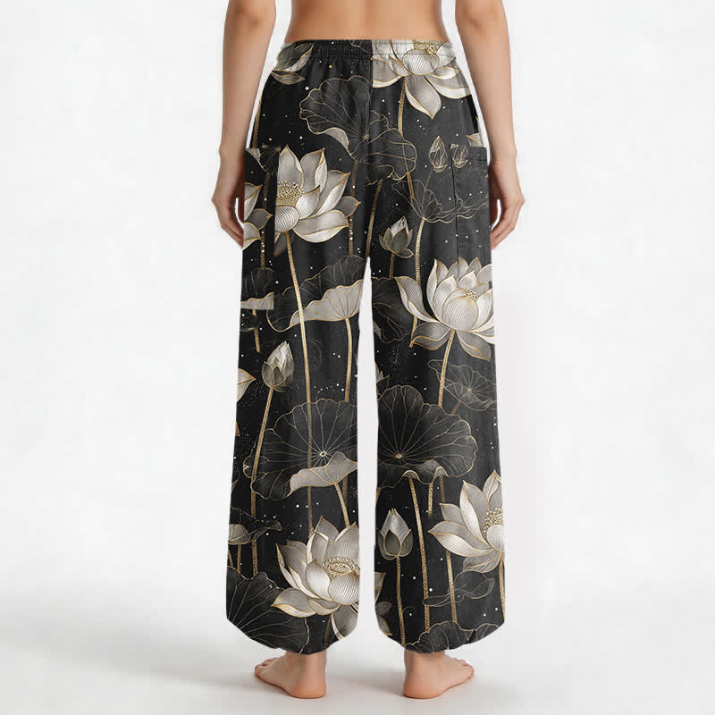 Buddha Stones Pantalones harem de algodón con estampado floral de loto oriental para mujer, cintura elástica y bolsillos laterales. - image 2