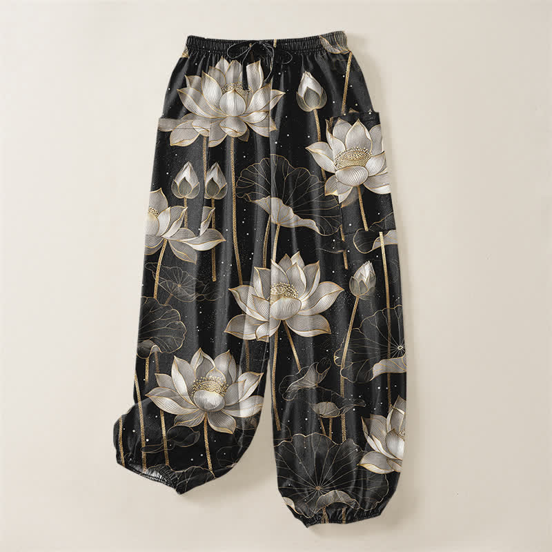 Buddha Stones Pantalones harem de algodón con estampado floral de loto oriental para mujer, cintura elástica y bolsillos laterales. - image 3