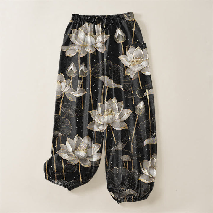 Buddha Stones Pantalones harem de algodón con estampado floral de loto oriental para mujer, cintura elástica y bolsillos laterales. - image 3