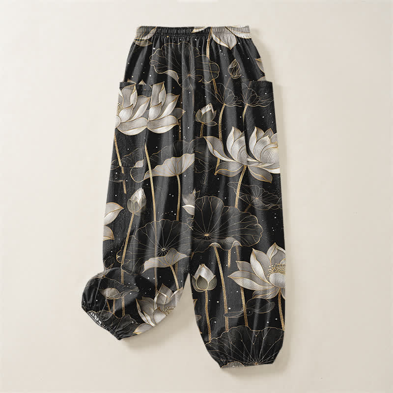 Buddha Stones Pantalones harem de algodón con estampado floral de loto oriental para mujer, cintura elástica y bolsillos laterales. - image 4