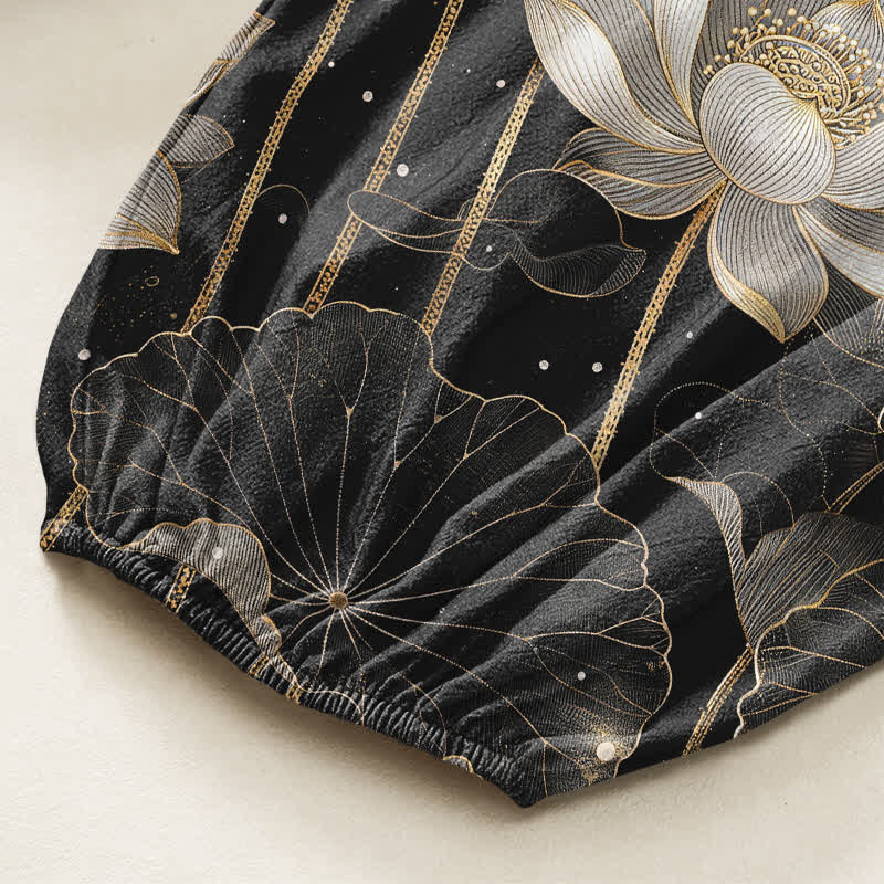 Buddha Stones Pantalones harem de algodón con estampado floral de loto oriental para mujer, cintura elástica y bolsillos laterales. - image 6