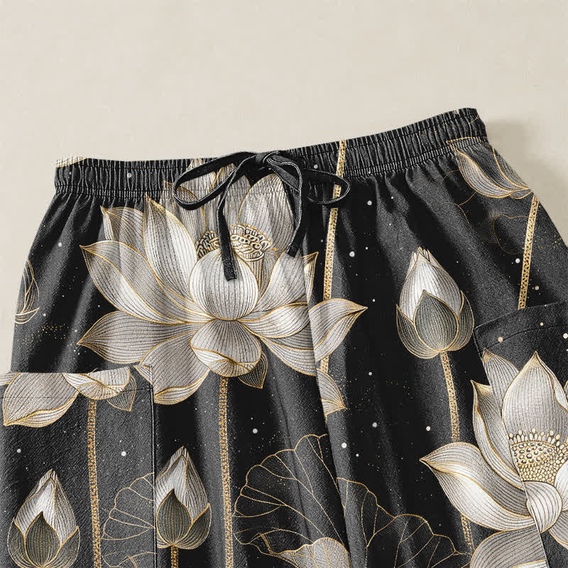 Buddha Stones Pantalones harem de algodón con estampado floral de loto oriental para mujer, cintura elástica y bolsillos laterales. - image 5