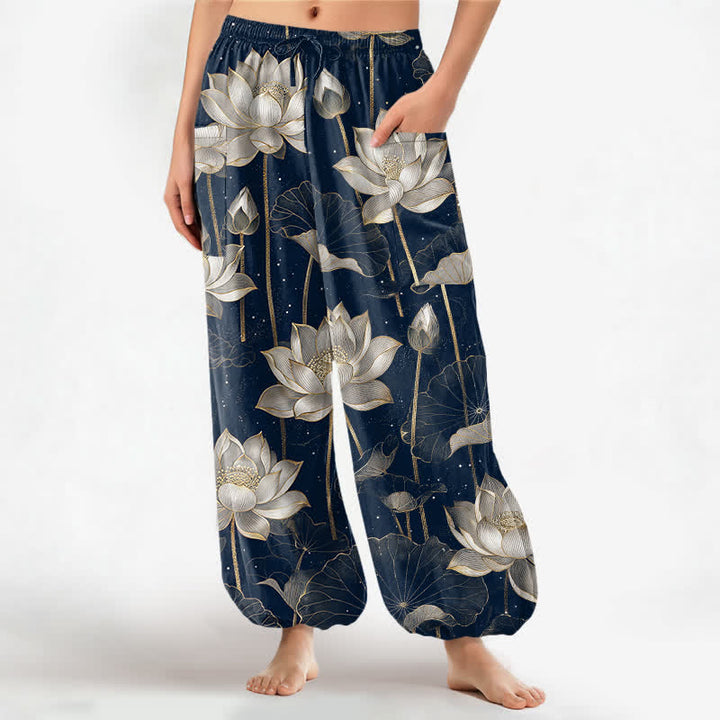 Buddha Stones Pantalones harem de algodón con estampado floral de loto oriental para mujer, cintura elástica y bolsillos laterales. - Marina de guerra - US16，UK/AU20，EU48 (3XL) - image 7