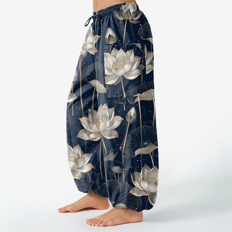 Buddha Stones Pantalones harem de algodón con estampado floral de loto oriental para mujer, cintura elástica y bolsillos laterales. - image 8