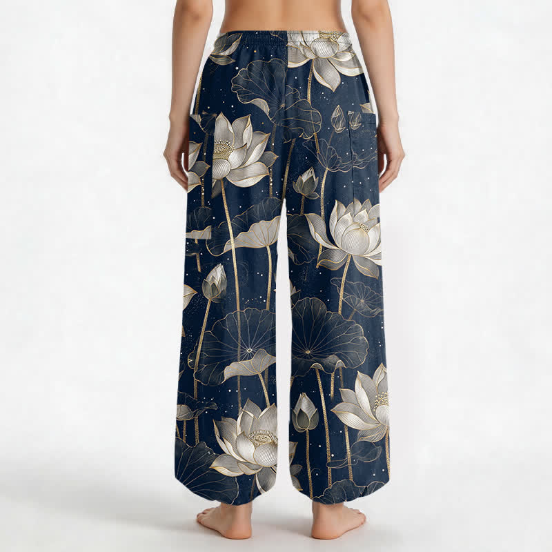 Buddha Stones Pantalones harem de algodón con estampado floral de loto oriental para mujer, cintura elástica y bolsillos laterales. - image 9
