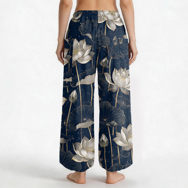 Buddha Stones Pantalones harem de algodón con estampado floral de loto oriental para mujer, cintura elástica y bolsillos laterales. - image 9