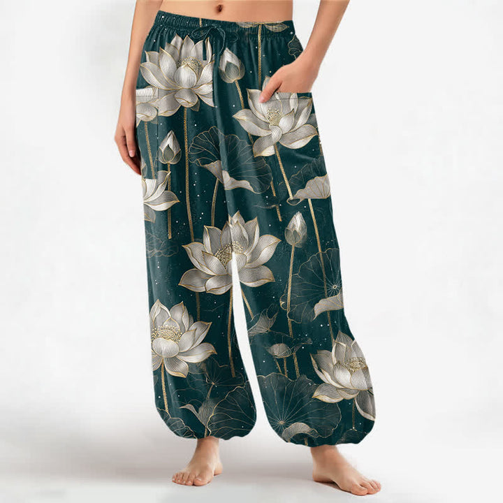 Buddha Stones Pantalones harem de algodón con estampado floral de loto oriental para mujer, cintura elástica y bolsillos laterales. - Verde azulado - US16，UK/AU20，EU48 (3XL) - image 10
