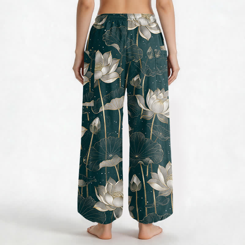 Buddha Stones Pantalones harem de algodón con estampado floral de loto oriental para mujer, cintura elástica y bolsillos laterales. - image 12