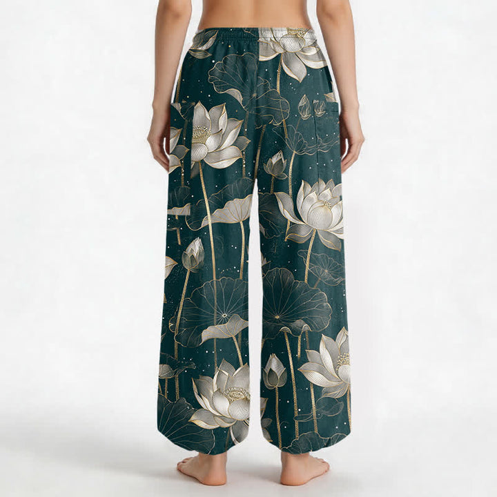 Buddha Stones Pantalones harem de algodón con estampado floral de loto oriental para mujer, cintura elástica y bolsillos laterales. - image 12