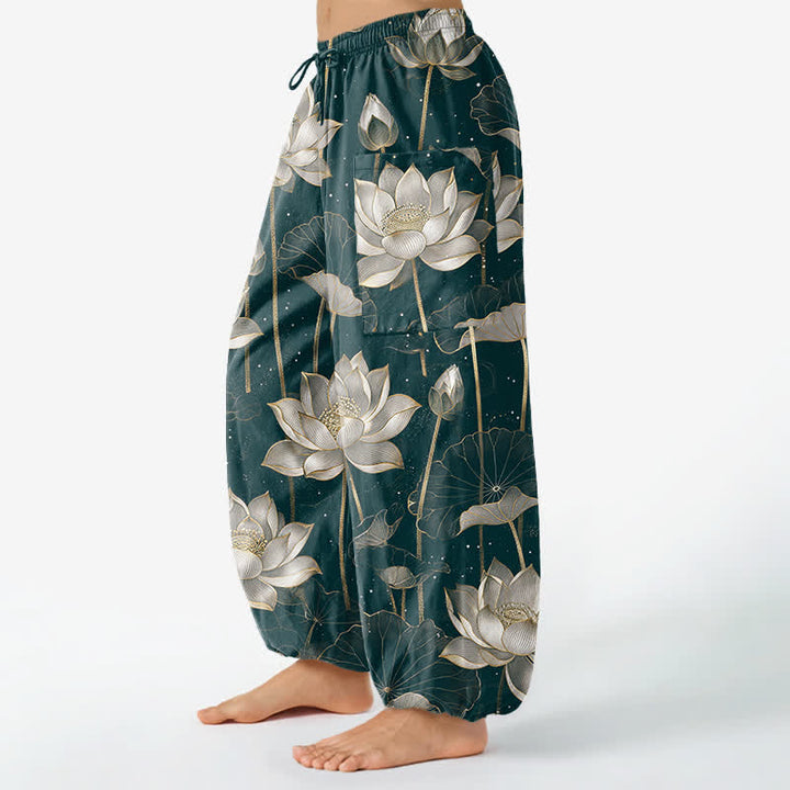Buddha Stones Pantalones harem de algodón con estampado floral de loto oriental para mujer, cintura elástica y bolsillos laterales. - image 11