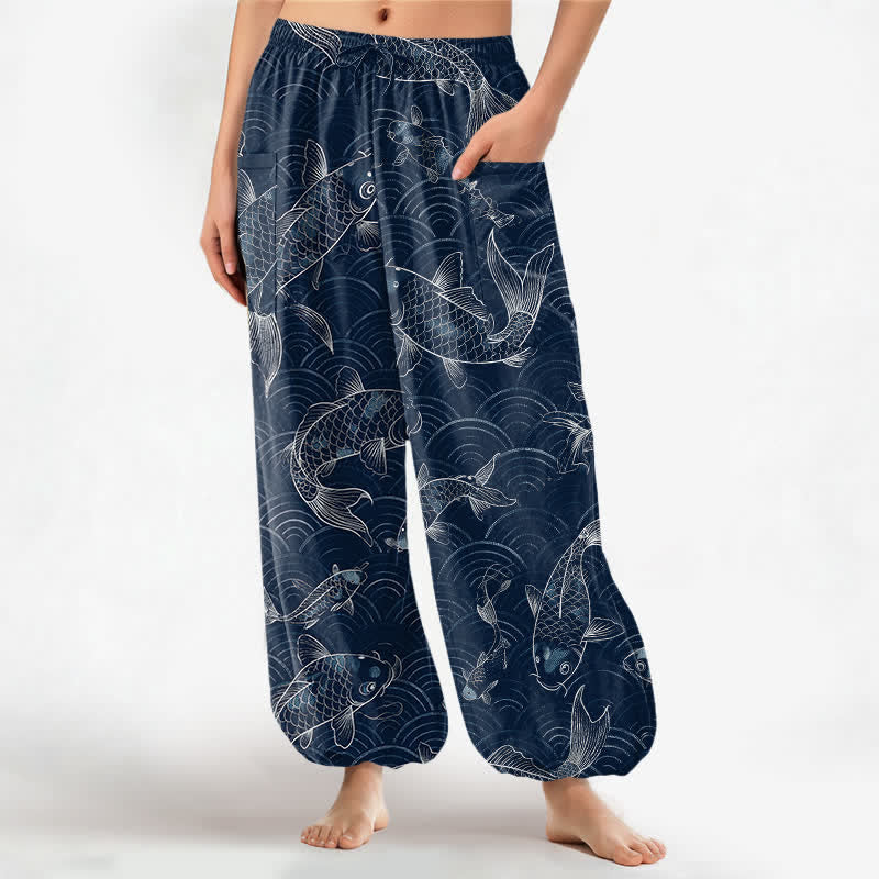 Buddha Stones Pantalones harem de algodón con estampado de ondas Zen Koi para mujer, cintura elástica y bolsillos laterales. - Marina de guerra - US16，UK/AU20，EU48 (3XL) - image 0