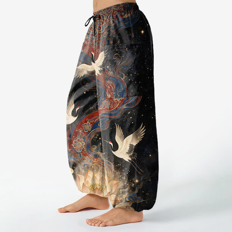 Buddha Stones Pantalones harem de algodón con estampado ornamental de grullas y lotos para mujer, cintura elástica y bolsillos laterales. - image 1