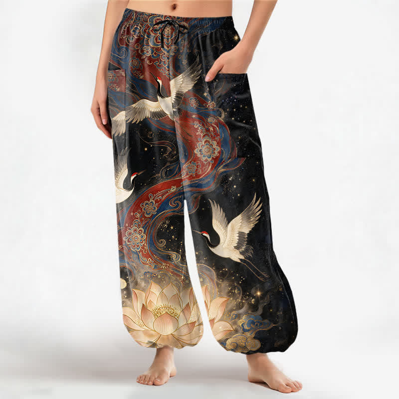 Buddha Stones Pantalones harem de algodón con estampado ornamental de grullas y lotos para mujer, cintura elástica y bolsillos laterales. - Negro - US16，UK/AU20，EU48 (3XL) - image 0