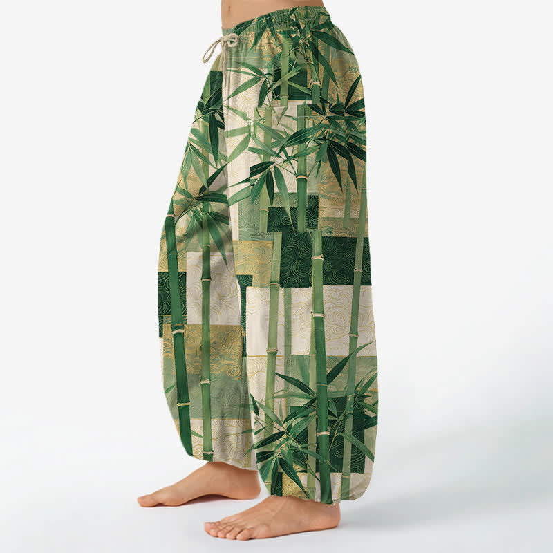 Buddha Stones Pantalones harem de mujer con cintura elástica y bolsillos laterales, estampado patchwork de bambú y algodón. - image 1