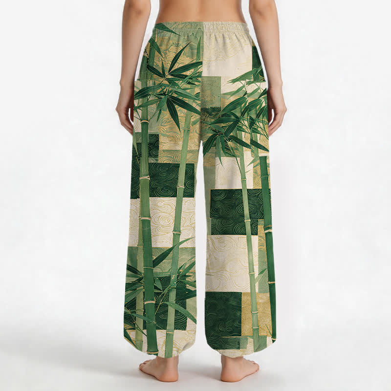Buddha Stones Pantalones harem de mujer con cintura elástica y bolsillos laterales, estampado patchwork de bambú y algodón. - image 2
