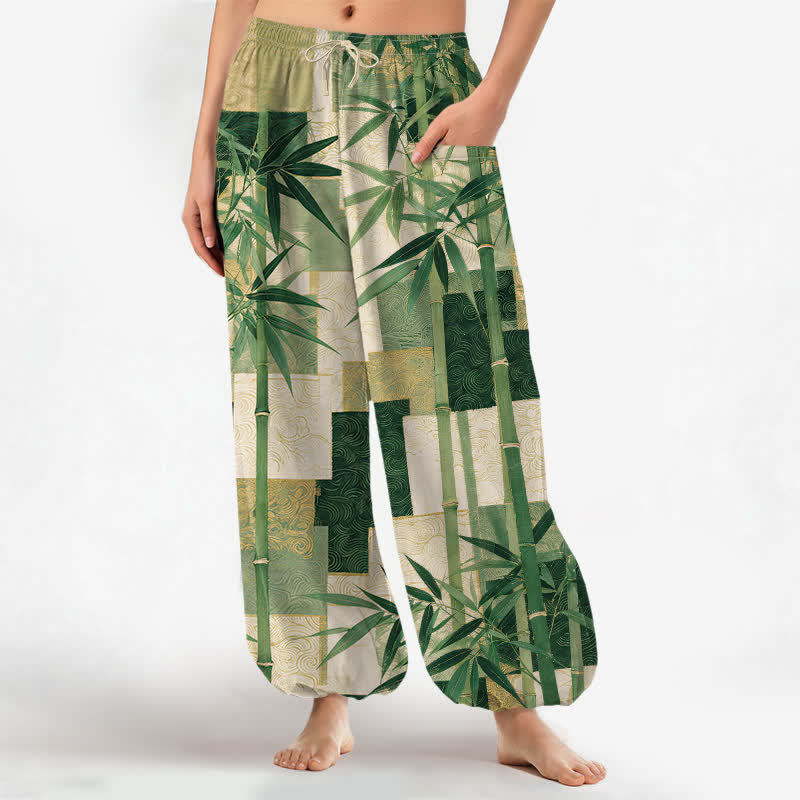 Buddha Stones Pantalones harem de mujer con cintura elástica y bolsillos laterales, estampado patchwork de bambú y algodón. - Verde bosque - US16，UK/AU20，EU48 (3XL) - image 0