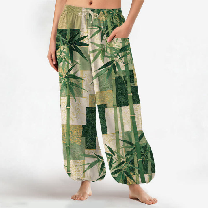 Buddha Stones Pantalones harem de mujer con cintura elástica y bolsillos laterales, estampado patchwork de bambú y algodón. - Verde bosque - US16，UK/AU20，EU48 (3XL) - image 0