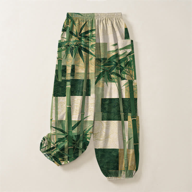 Buddha Stones Pantalones harem de mujer con cintura elástica y bolsillos laterales, estampado patchwork de bambú y algodón. - image 4