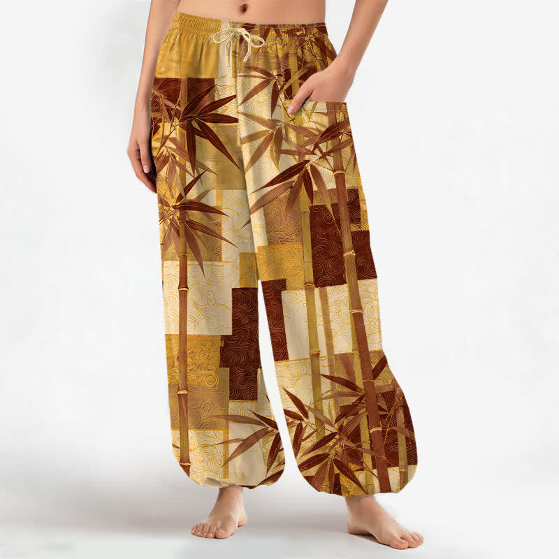 Buddha Stones Pantalones harem de mujer con cintura elástica y bolsillos laterales, estampado patchwork de bambú y algodón. - vara de oro - US16，UK/AU20，EU48 (3XL) - image 10