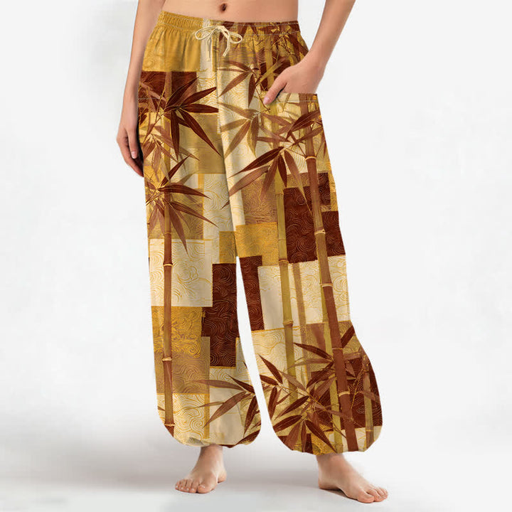 Buddha Stones Pantalones harem de mujer con cintura elástica y bolsillos laterales, estampado patchwork de bambú y algodón. - vara de oro - US16，UK/AU20，EU48 (3XL) - image 10
