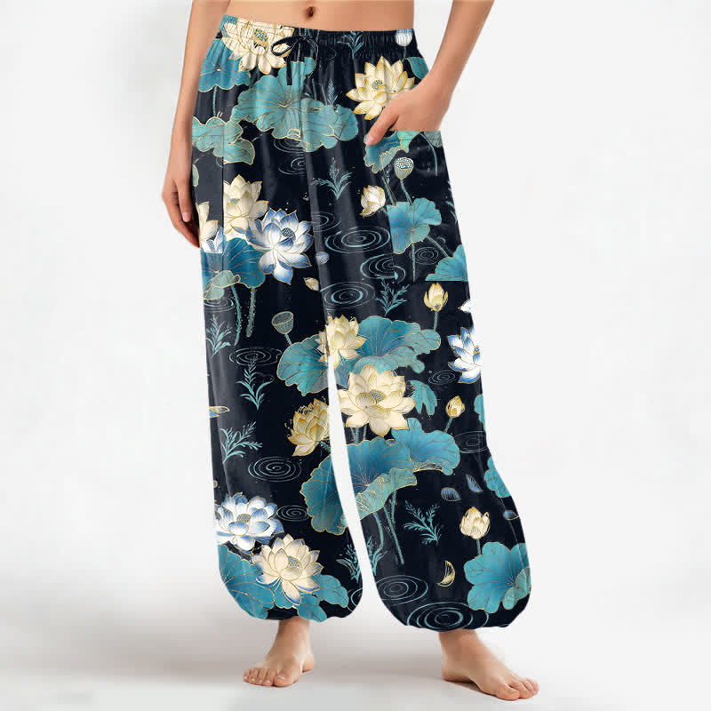 Buddha Stones Pantalones harem de algodón con estampado de hojas de loto y cintura elástica para mujer, con bolsillos laterales. - Negro - US16，UK/AU20，EU48 (3XL) - image 0