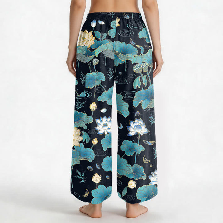 Buddha Stones Pantalones harem de algodón con estampado de hojas de loto y cintura elástica para mujer, con bolsillos laterales. - image 2