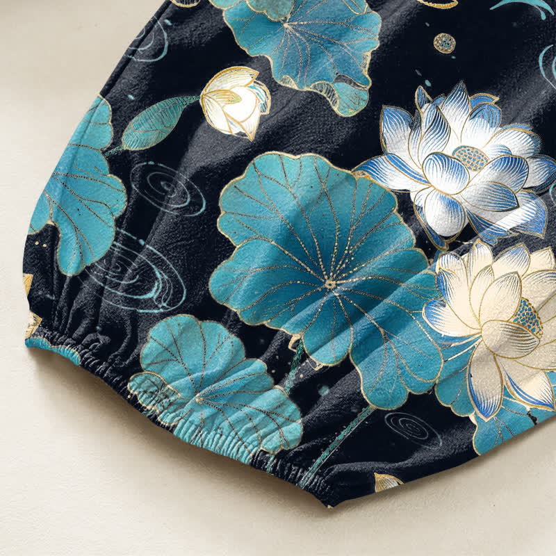 Buddha Stones Pantalones harem de algodón con estampado de hojas de loto y cintura elástica para mujer, con bolsillos laterales. - image 6