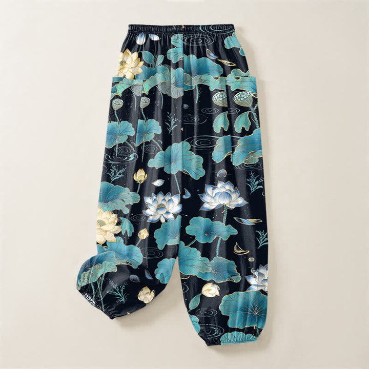 Buddha Stones Pantalones harem de algodón con estampado de hojas de loto y cintura elástica para mujer, con bolsillos laterales. - image 4