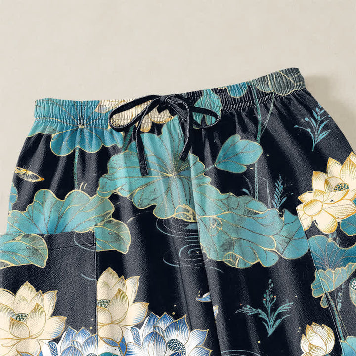 Buddha Stones Pantalones harem de algodón con estampado de hojas de loto y cintura elástica para mujer, con bolsillos laterales. - image 5