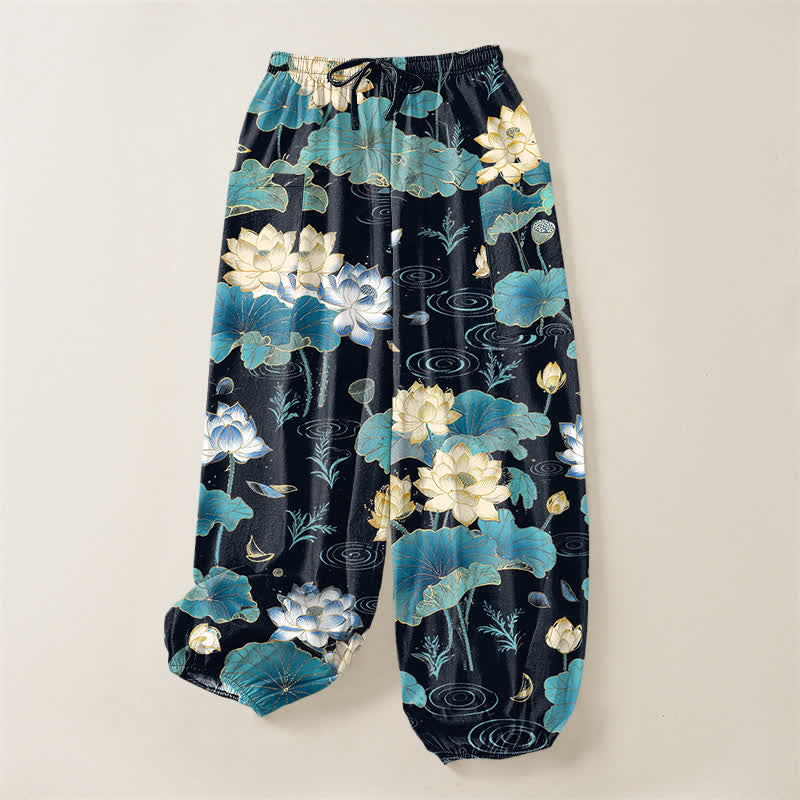 Buddha Stones Pantalones harem de algodón con estampado de hojas de loto y cintura elástica para mujer, con bolsillos laterales. - image 3