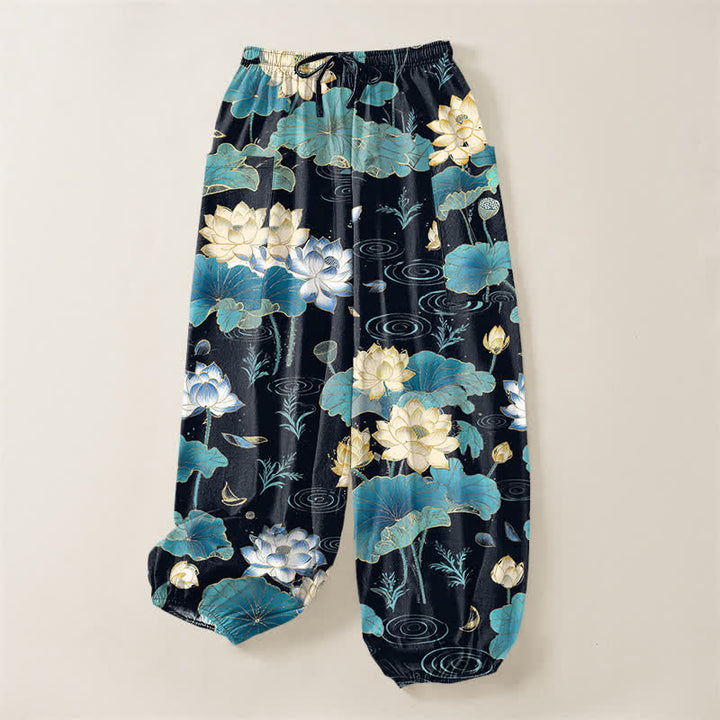 Buddha Stones Pantalones harem de algodón con estampado de hojas de loto y cintura elástica para mujer, con bolsillos laterales. - image 3