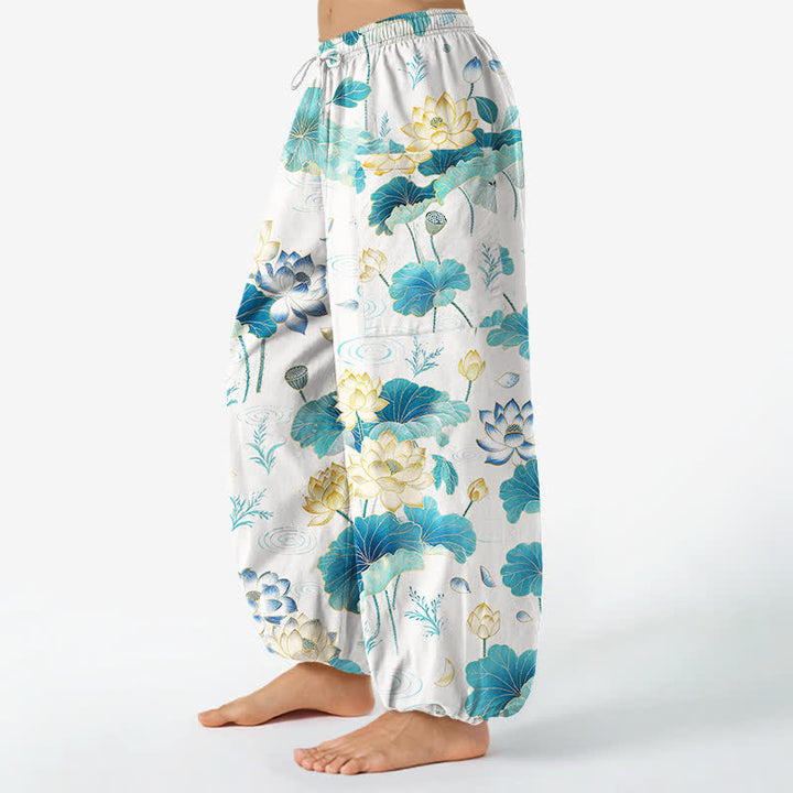 Buddha Stones Pantalones harem de algodón con estampado de hojas de loto y cintura elástica para mujer, con bolsillos laterales. - image 8