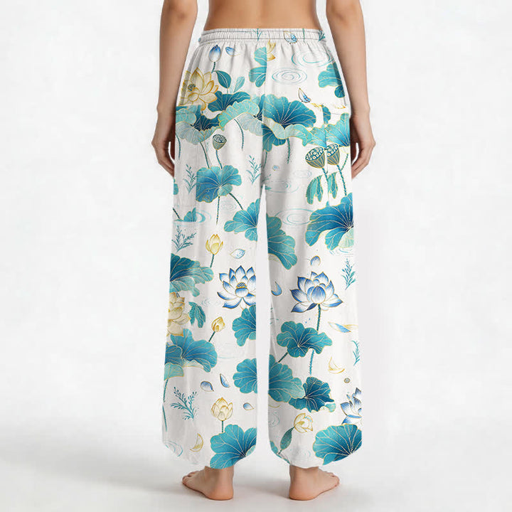 Buddha Stones Pantalones harem de algodón con estampado de hojas de loto y cintura elástica para mujer, con bolsillos laterales. - image 9