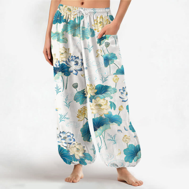 Buddha Stones Pantalones harem de algodón con estampado de hojas de loto y cintura elástica para mujer, con bolsillos laterales. - Blanco - US16，UK/AU20，EU48 (3XL) - image 7