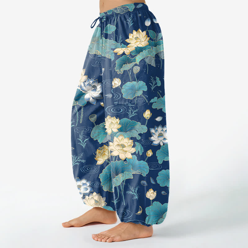 Buddha Stones Pantalones harem de algodón con estampado de hojas de loto y cintura elástica para mujer, con bolsillos laterales. - image 11