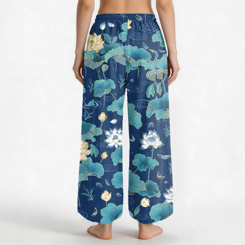 Buddha Stones Pantalones harem de algodón con estampado de hojas de loto y cintura elástica para mujer, con bolsillos laterales. - image 12