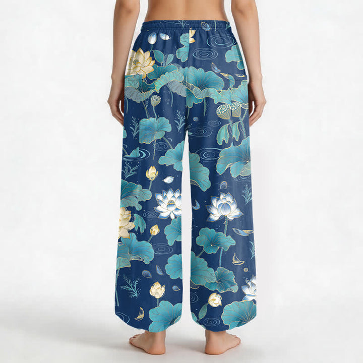 Buddha Stones Pantalones harem de algodón con estampado de hojas de loto y cintura elástica para mujer, con bolsillos laterales. - image 12