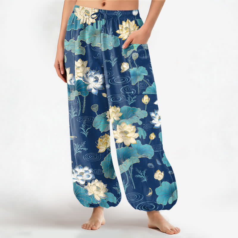 Buddha Stones Pantalones harem de algodón con estampado de hojas de loto y cintura elástica para mujer, con bolsillos laterales. - Azul real - US16，UK/AU20，EU48 (3XL) - image 10